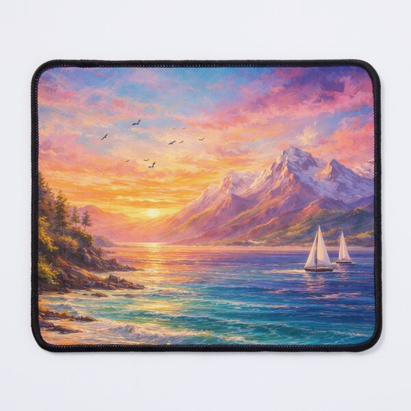 Item preview, Pink and Blue Sunset Mountain Sailboat Landscape designed and sold by Joey Santiago.