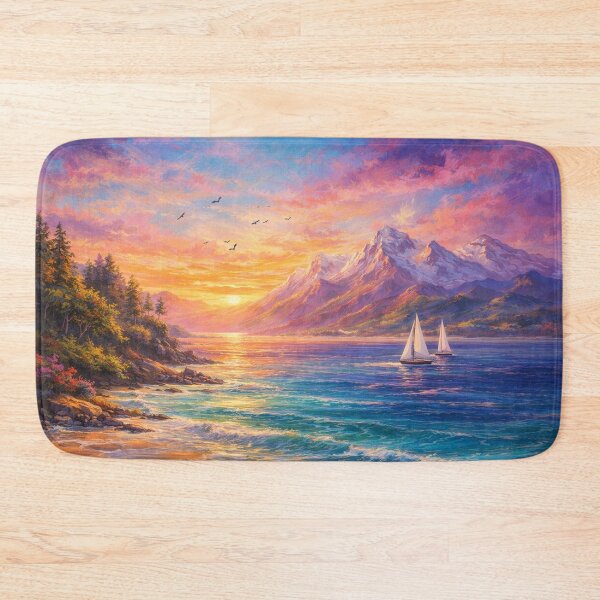 Item preview, Pink and Blue Sunset Mountain Sailboat Landscape designed and sold by Joey Santiago.