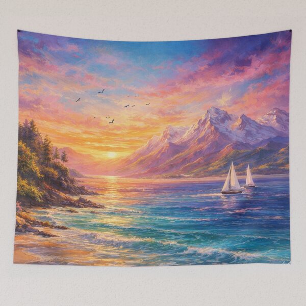Item preview, Pink and Blue Sunset Mountain Sailboat Landscape designed and sold by Joey Santiago.