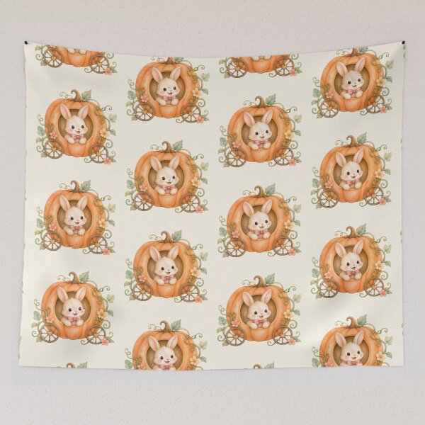 Artikelvorschau, Cute Bunny in Pumpkin Carriage | Kawaii Halloween Rabbit Pumpkin Coach Watercolor Illustration entworfen und verkauft von looplandger.