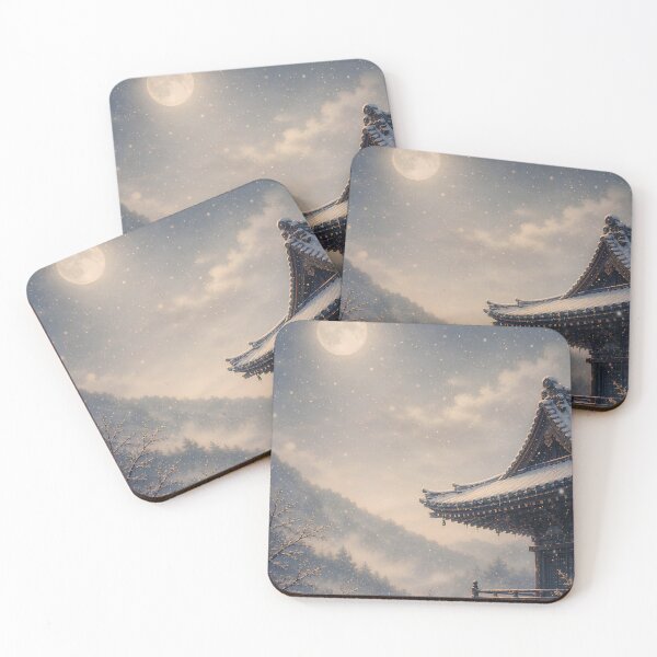 Item preview, Japanese Moonlit Temple in Snow – Ukiyo-e Inspired Winter Landscape Poster, Sticker, Mug & Phone Case designed and sold by Tomoyo Art.