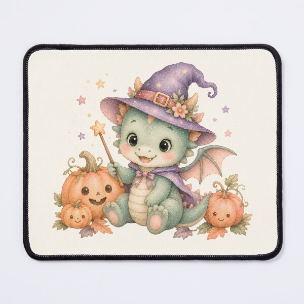 Item preview, Cute Baby Dragon Witch with Pumpkins | Kawaii Halloween Fantasy Illustration designed and sold by looplandger.