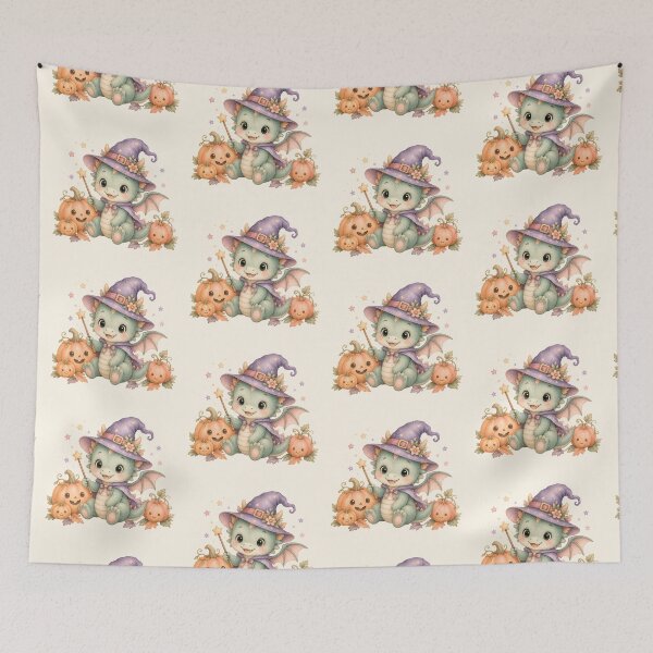 Item preview, Cute Baby Dragon Witch with Pumpkins | Kawaii Halloween Fantasy Illustration designed and sold by looplandger.