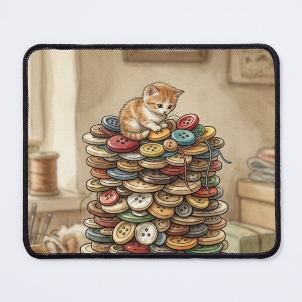 Item preview, Tiny Kitten on a Giant Stack of Vintage Buttons Miniature Illustration designed and sold by DuckOddity.