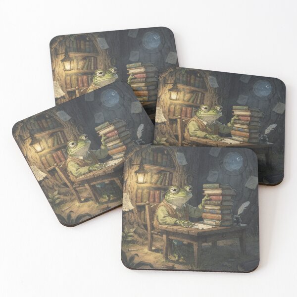 Item preview, Frog Night-Librarian Stamping Overdue Lily-Pad Books Cottagecore Art designed and sold by PictorialWhimsy.