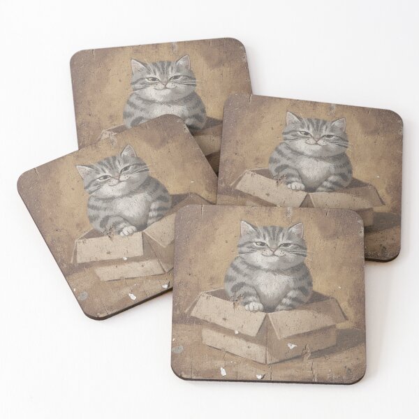 Item preview, Smug Grey Tabby Claiming the New Cardboard Box Folk Art designed and sold by PictorialWhimsy.