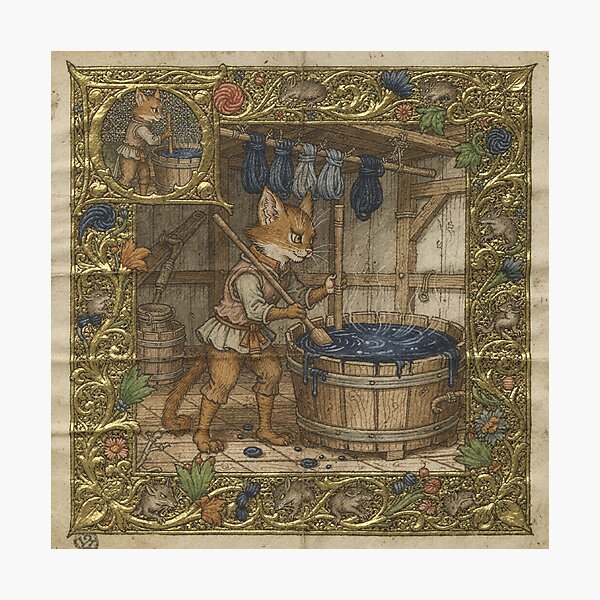Item preview, Medieval Cat Dyer Stirring a Woad Vat Manuscript Art designed and sold by PictorialWhimsy.