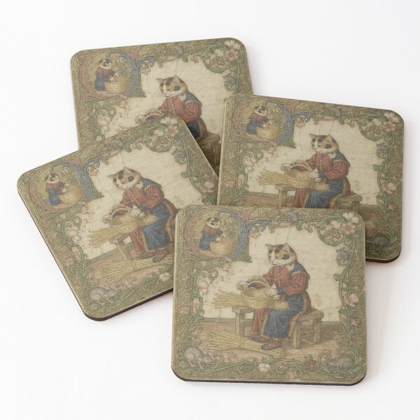 Item preview, Medieval Cat Basket-Weaver Plaiting Reeds Manuscript Art designed and sold by PictorialWhimsy.