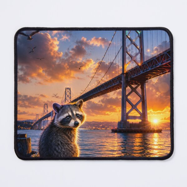 Item preview, Curious Raccoon at the Bay Bridge | Whimsical San Francisco Sunset designed and sold by Kimberly Palmer.