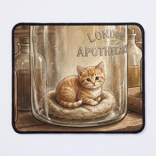 Item preview, Tiny Kitten in a Giant Vintage Apothecary Bottle Miniature Illustration designed and sold by DuckOddity.