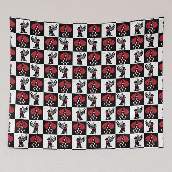 Item preview,  Black & White Angel Dogs & Broken Hearts on Checkered Background designed and sold by Digitalmyth's Designs.