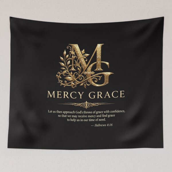 Item preview, Mercy Grace, Luxury Christian Art, Ornate Gold MG Monogram with Hebrews 4:16  designed and sold by KINGDOM GOLD STUDIO.