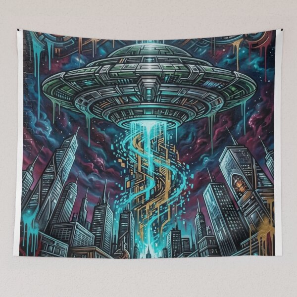 Item preview, Cyberpunk UFO Graffiti: Futuristic City Invasion Mural designed and sold by Dzblack.