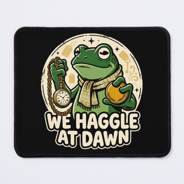 Item preview, We Haggle At Dawn - Funny Merchant Frog Trader designed and sold by BumbleBloom7.