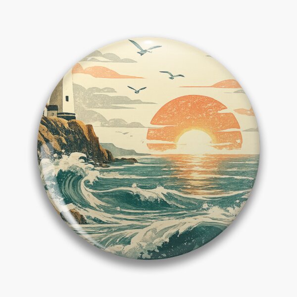 Item preview, Vintage Lighthouse Ocean Sunset Retro Coastal Landscape Illustration designed and sold by irfanshikh.