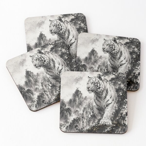Item preview, White Tiger on Mountain Cliff | Traditional Ink Wildlife Art designed and sold by ManJiangHong.