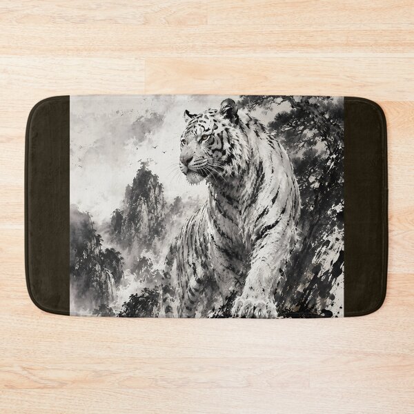 Item preview, White Tiger on Mountain Cliff | Traditional Ink Wildlife Art designed and sold by ManJiangHong.