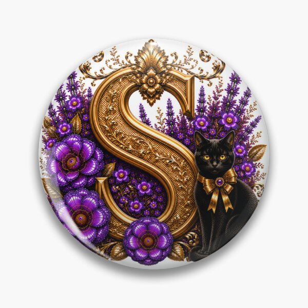 Item preview, Floral Letter S with Black Cat | Lavender Botanical Monogram | Elegant Gold Initial Design designed and sold by MoodLay.