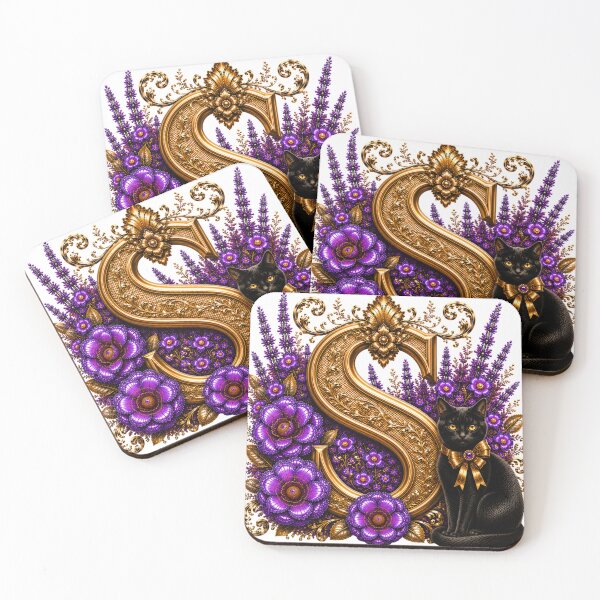 Item preview, Floral Letter S with Black Cat | Lavender Botanical Monogram | Elegant Gold Initial Design designed and sold by MoodLay.