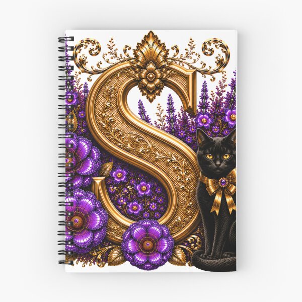 Item preview, Floral Letter S with Black Cat | Lavender Botanical Monogram | Elegant Gold Initial Design designed and sold by MoodLay.