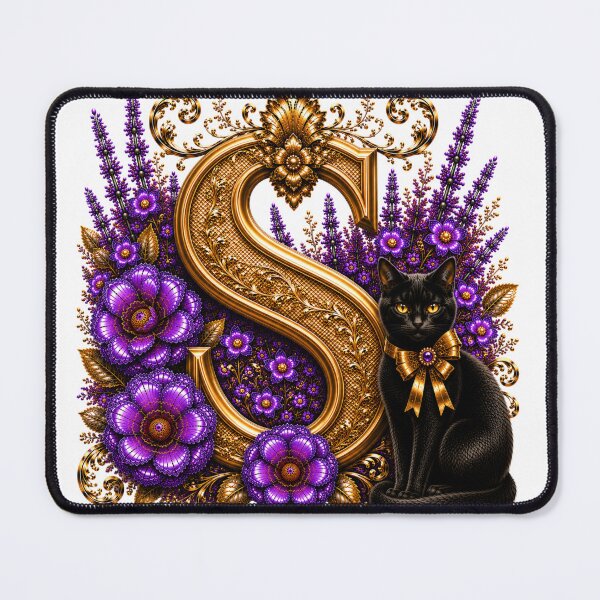 Item preview, Floral Letter S with Black Cat | Lavender Botanical Monogram | Elegant Gold Initial Design designed and sold by MoodLay.