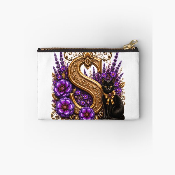 Item preview, Floral Letter S with Black Cat | Lavender Botanical Monogram | Elegant Gold Initial Design designed and sold by MoodLay.