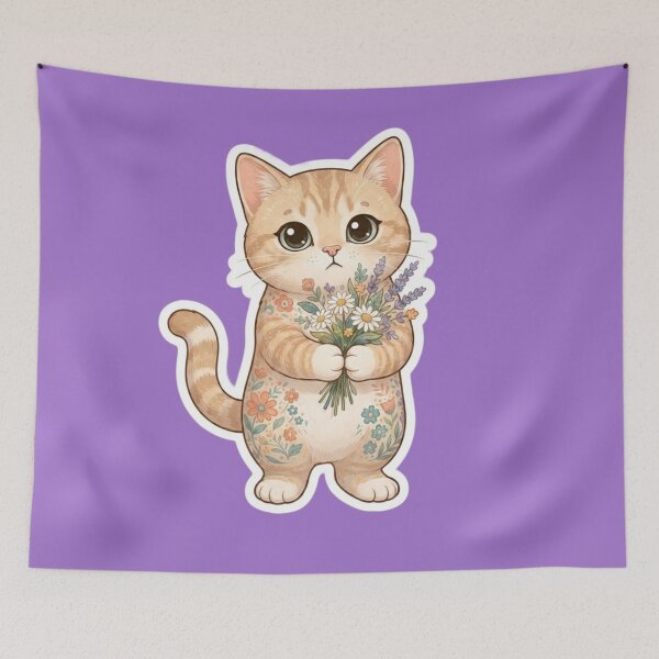 Item preview, Cute Orange Tabby Cat Holding Flowers Bouquet designed and sold by Iampoji.