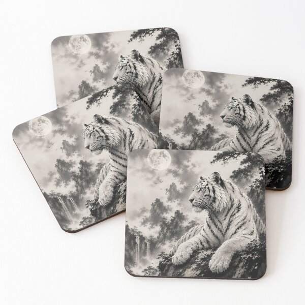 Item preview, White Tiger Resting on Cliff | Traditional Ink Wash Wildlife Art designed and sold by ManJiangHong.
