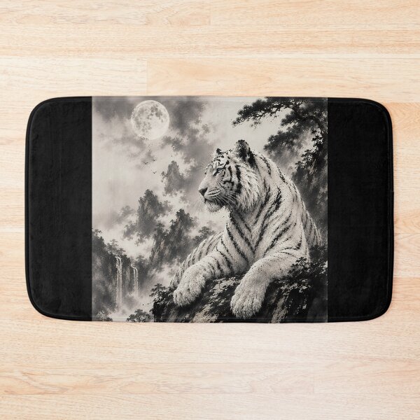 Item preview, White Tiger Resting on Cliff | Traditional Ink Wash Wildlife Art designed and sold by ManJiangHong.