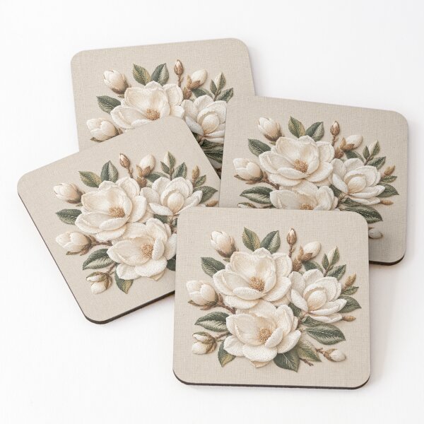 Item preview, White Magnolia Faux Embroidery on Linen designed and sold by TammyHunterArt.