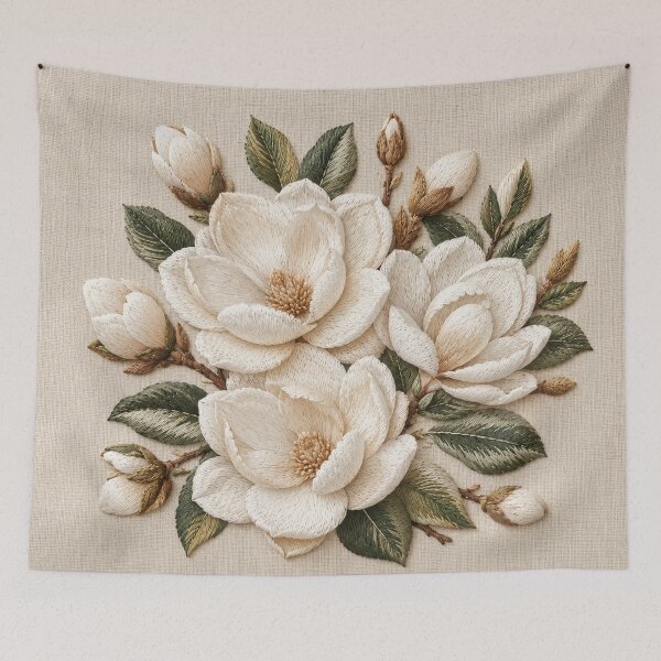 Item preview, White Magnolia Faux Embroidery on Linen designed and sold by TammyHunterArt.
