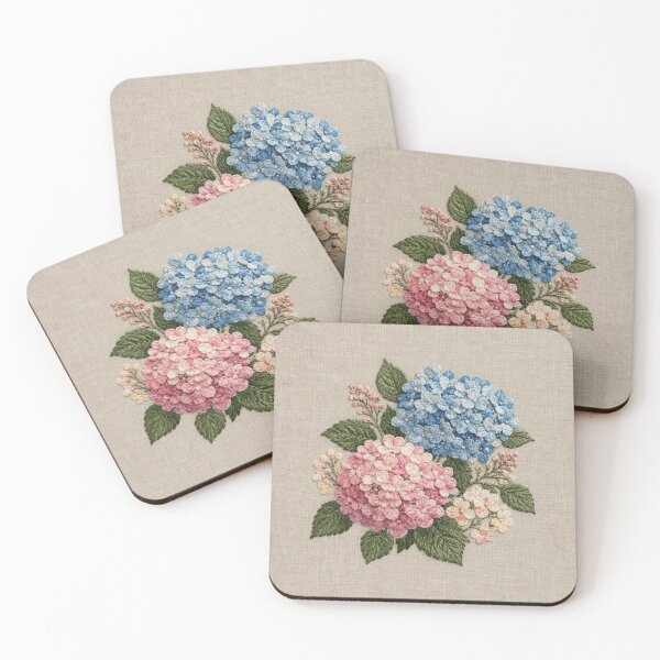 Item preview, Blue & Pink Hydrangea Faux Embroidery on Linen designed and sold by TammyHunterArt.