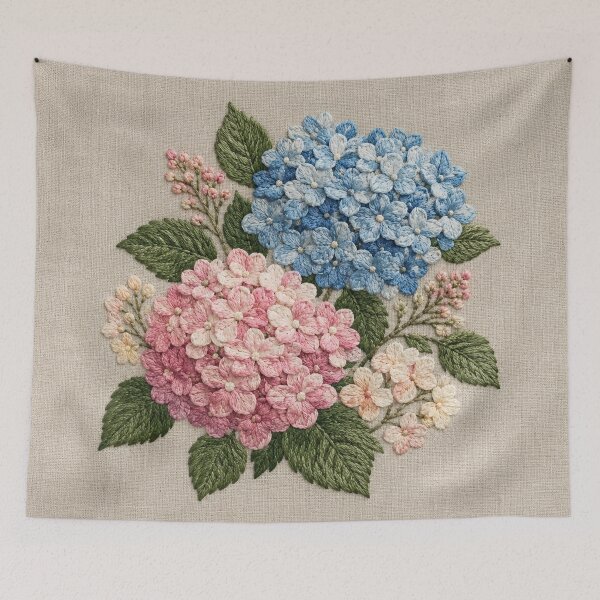 Item preview, Blue & Pink Hydrangea Faux Embroidery on Linen designed and sold by TammyHunterArt.