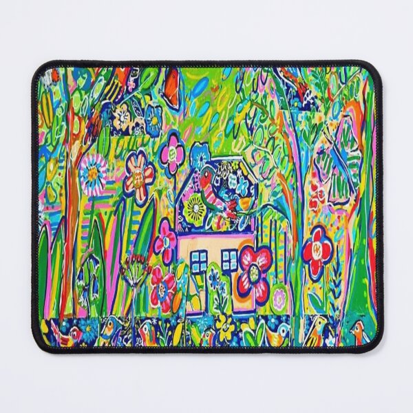 Item preview, The Garden of Eternal Happiness?? Naïve Enchanted Garden - Colorful Folk Art Painting with Birds and Flowers designed and sold by RAYBIL.