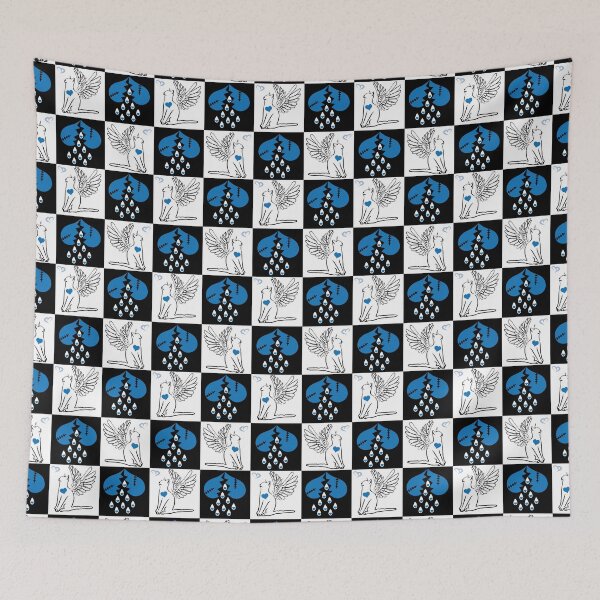 Item preview, Black & White Angel Cats & Broken Hearts on Checkered Background designed and sold by Digitalmyth's Designs.