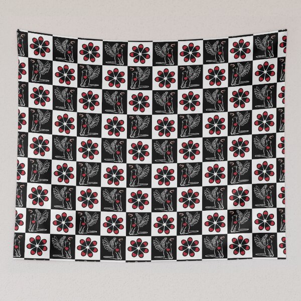 Item preview, Black & White Angel Catss & Love Tear Flowers on Checkered Background designed and sold by Digitalmyth's Designs.