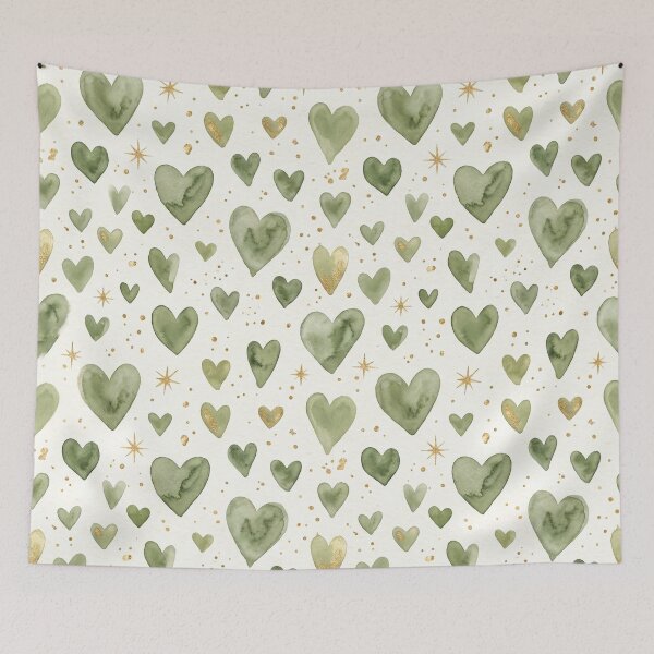 Item preview, Watercolor Sage Green Hearts Gold Sparkle Pattern Romantic Boho Print designed and sold by Patterns & Love .