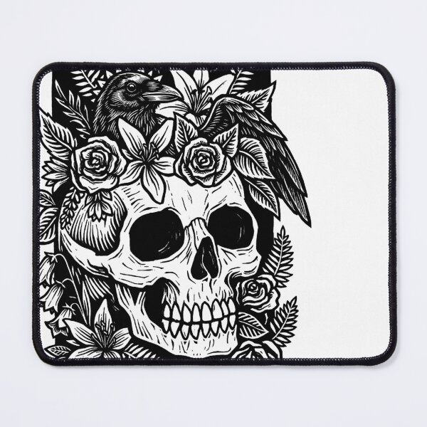 Item preview, Gothic Floral Skull and Raven Linocut Art-Black designed and sold by Alan Javier Cordoba Espinosa.