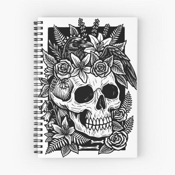 Item preview, Gothic Floral Skull and Raven Linocut Art-Black designed and sold by Alan Javier Cordoba Espinosa.