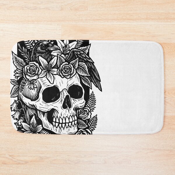 Item preview, Gothic Floral Skull and Raven Linocut Art-Black designed and sold by Alan Javier Cordoba Espinosa.