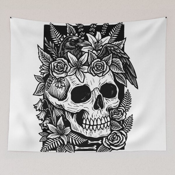 Item preview, Gothic Floral Skull and Raven Linocut Art-Black designed and sold by Alan Javier Cordoba Espinosa.