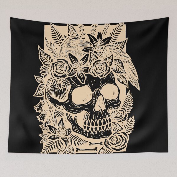 Item preview, Gothic Floral Skull and Raven Linocut Art-White designed and sold by Alan Javier Cordoba Espinosa.