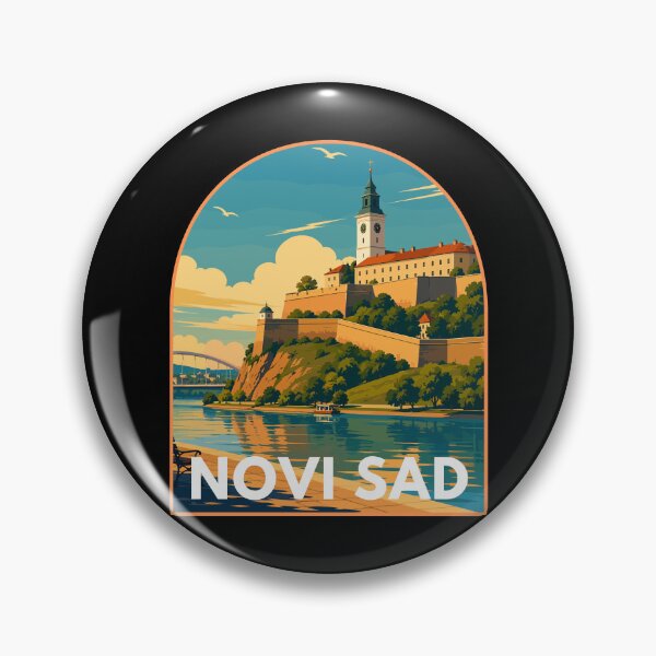 Item preview, Novi Sad in Serbia, Retro Art Travel Landscape Badge designed and sold by MaateoDesign.