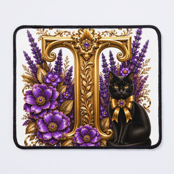 Item preview, Letra T floral com gato preto | Monograma botânico lavanda | Design elegante de inicial dourada designed and sold by MoodLay.