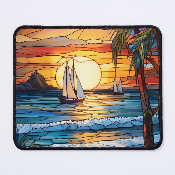Item preview, Tropical Sunset with Sailboats and Ocean Waves Stained Glass designed and sold by pinkal.