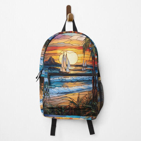 Item preview, Tropical Sunset with Sailboats and Ocean Waves Stained Glass designed and sold by pinkal.