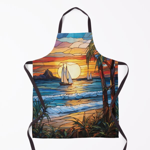 Item preview, Tropical Sunset with Sailboats and Ocean Waves Stained Glass designed and sold by pinkal.