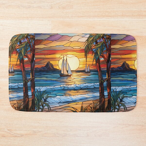 Item preview, Tropical Sunset with Sailboats and Ocean Waves Stained Glass  designed and sold by pinkal.
