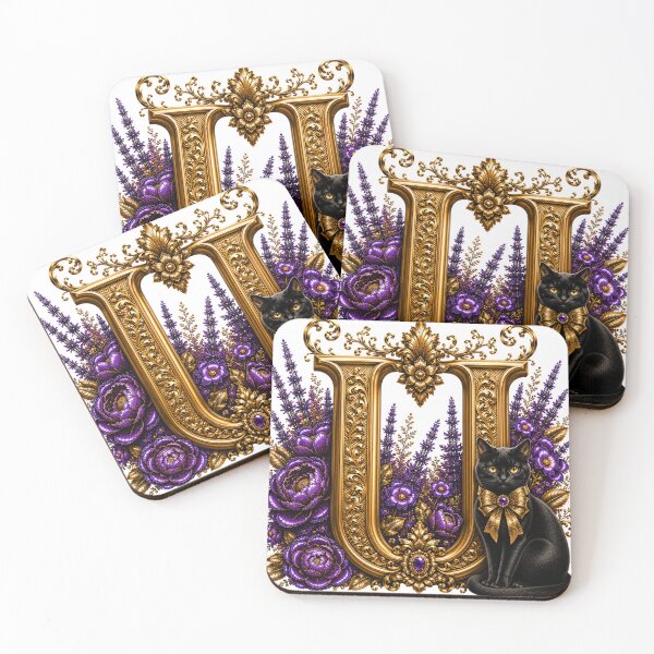 Item preview, Floral Letter U with Black Cat | Lavender Botanical Monogram | Elegant Gold Initial Design designed and sold by MoodLay.