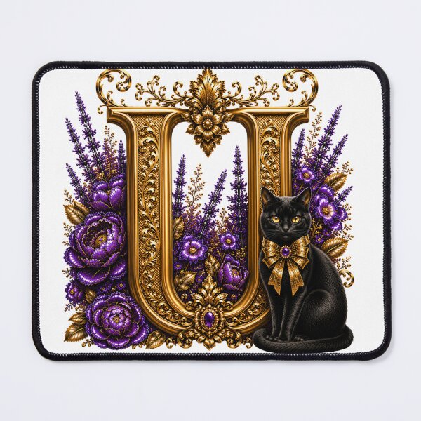 Artikelvorschau, Florales U mit schwarzer Katze | Lavendelfarbenes botanisches Monogramm | Elegantes goldenes Initialen-Design entworfen und verkauft von MoodLay.